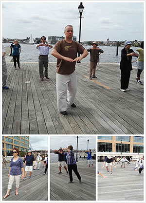 Class being held on a boardwalk